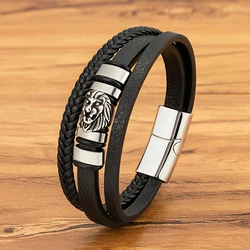 TYO Animal Magnetism Lion Woven Multi-Layer Genuine Leather 3 Colors Stainless Steel Magnet Buckle Men Bracelet Punk Bangle Gift