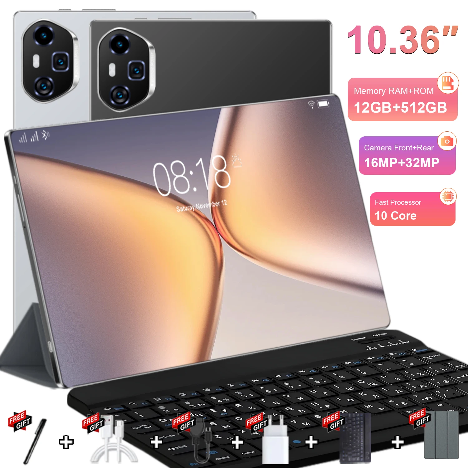 Tablette à grande capacité de stockage, écran 10,36 pouces, processeur 10 cœurs, Android 13, 16 Go + 1 To, WiFi 5G, batterie 12000 mAh, caméra avant 16 MP, caméra arrière 32 MP, pour jeux légers