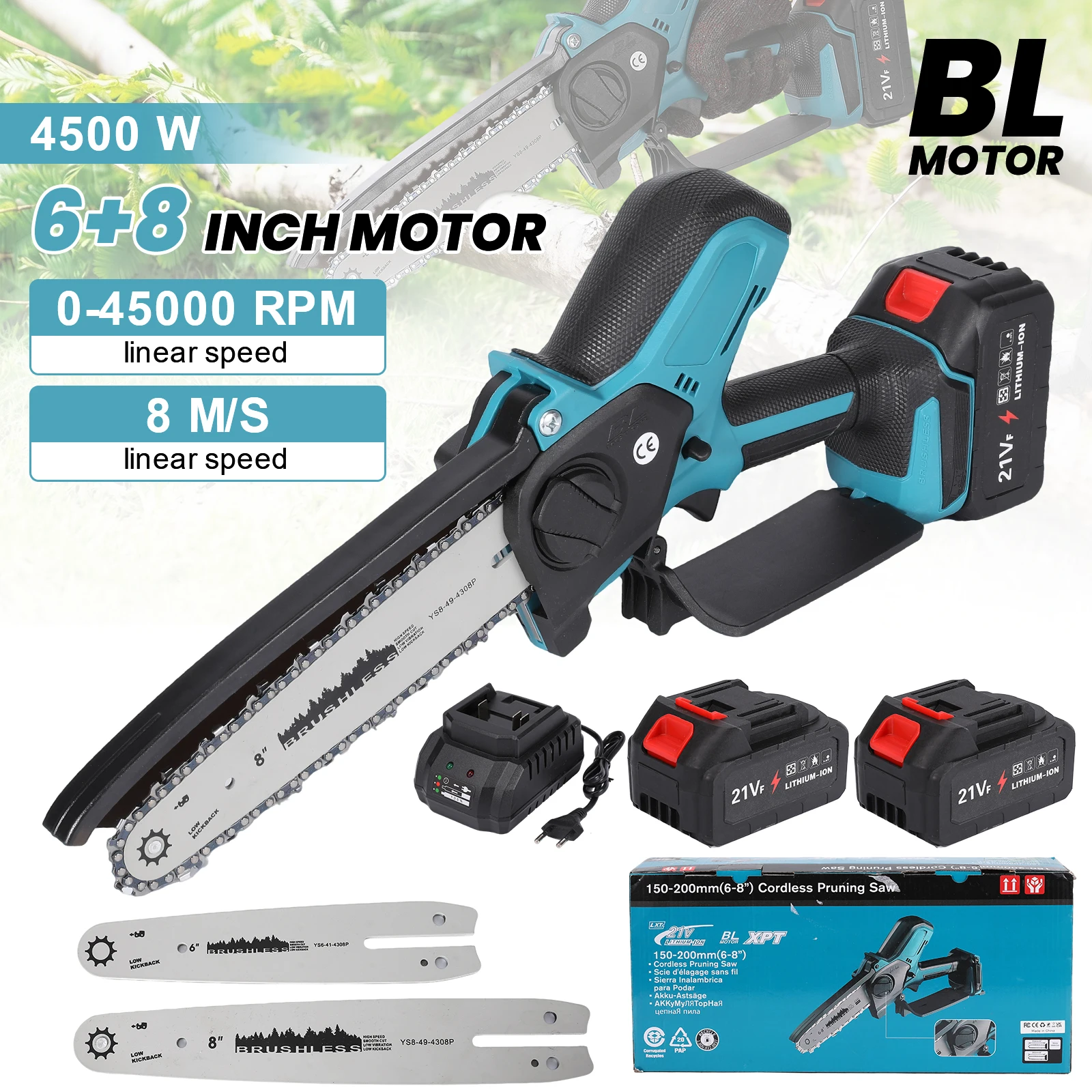6/8-Zoll Bürstenlose Elektrische Kettensäge 4500W Kabellose Akku-Astsäge Holzbearbeitungs-Elektrowerkzeug Handgehaltener Gartenschneider mit 2 Stück 21V Akkus