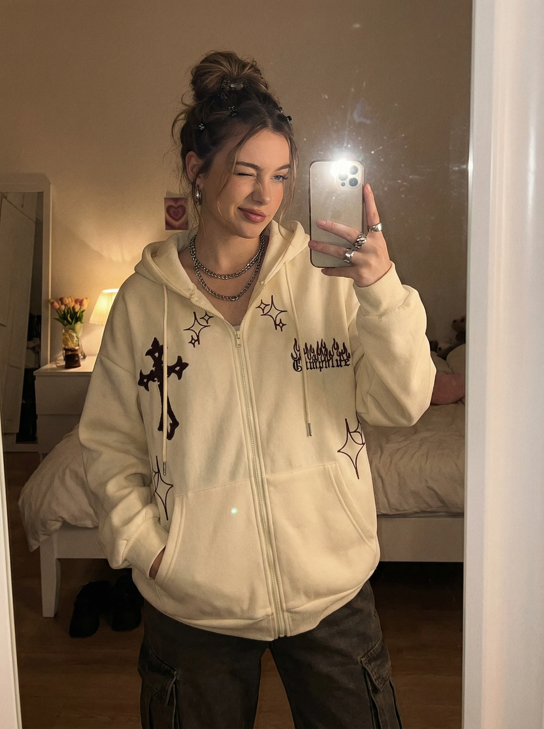 Retro Y2K Autumn Winter Hooded Coats Fashion Women Long Sleeve Embroidered Cross Fire Jackets Casual Streetw