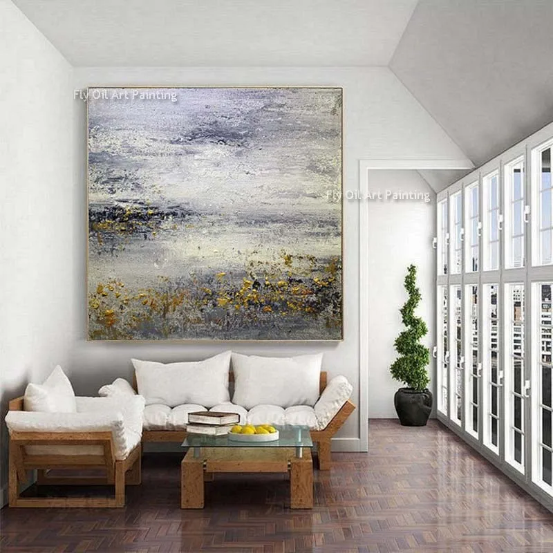 Modern Gray White Blue Abstract Oil Painting Large Original Gold Foil Canvas Painting Handmade Oversized Abstract Painting