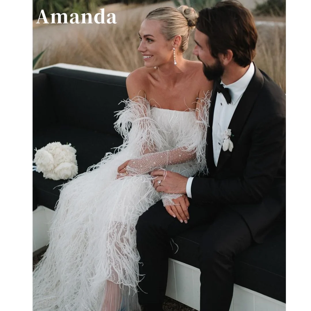 Amanda Luxury Feather Strapless A-line Vestidos De Novia Sexy Detachable Sequins Sleeve Wedding Dress Gorgeous Robe De Mariée