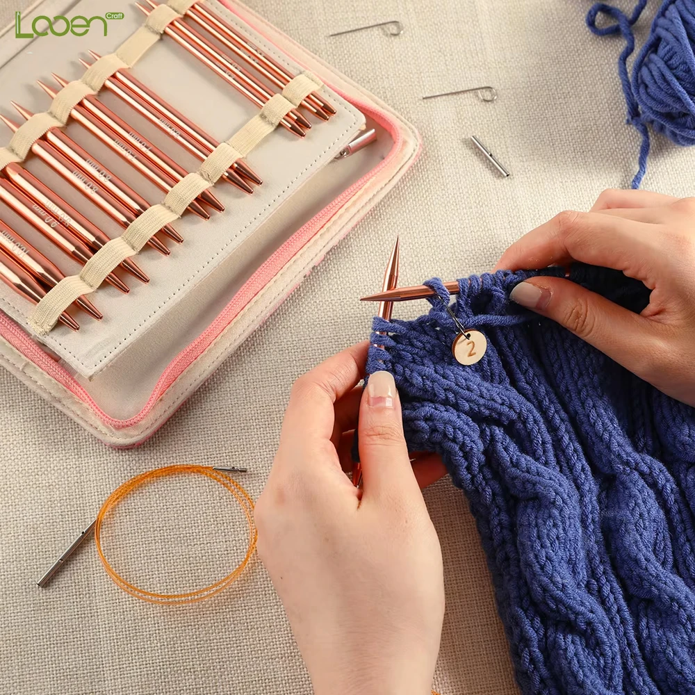

LOOEN Interchangeable Circular Knitting Needles Sets 26PCS Aliminun Crchet Needles Pink Color Bag Sewing Tool Accessories Gift