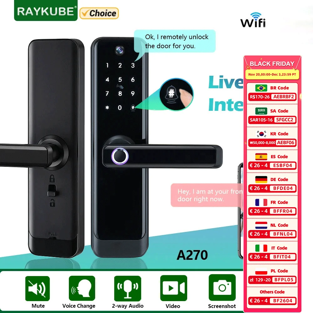 NEW RAYKUBE A270 Tuya Wifi Two-way Audio Video Intercom Fingerprint Camera Smart Door lock With APP Remote Unlock Video Record
