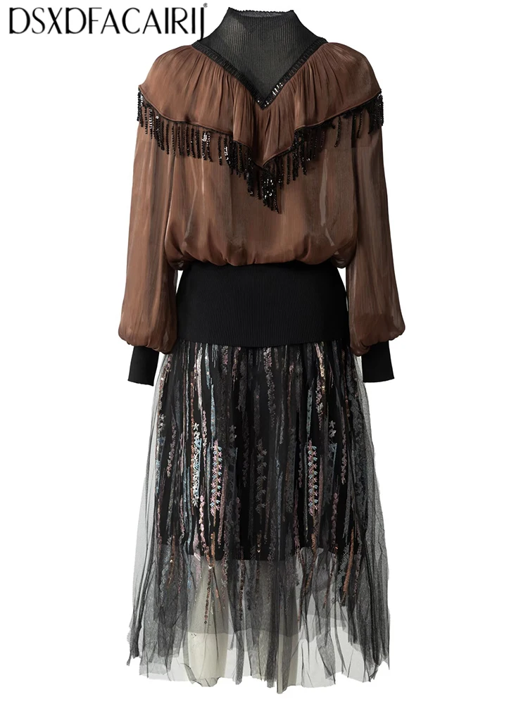 DSXDFACAIRIJ Women's O-Neck Lantern Sleeve Sequins Tassel Decorate Spring Autumnal New model High Street Fashion 2-Piece