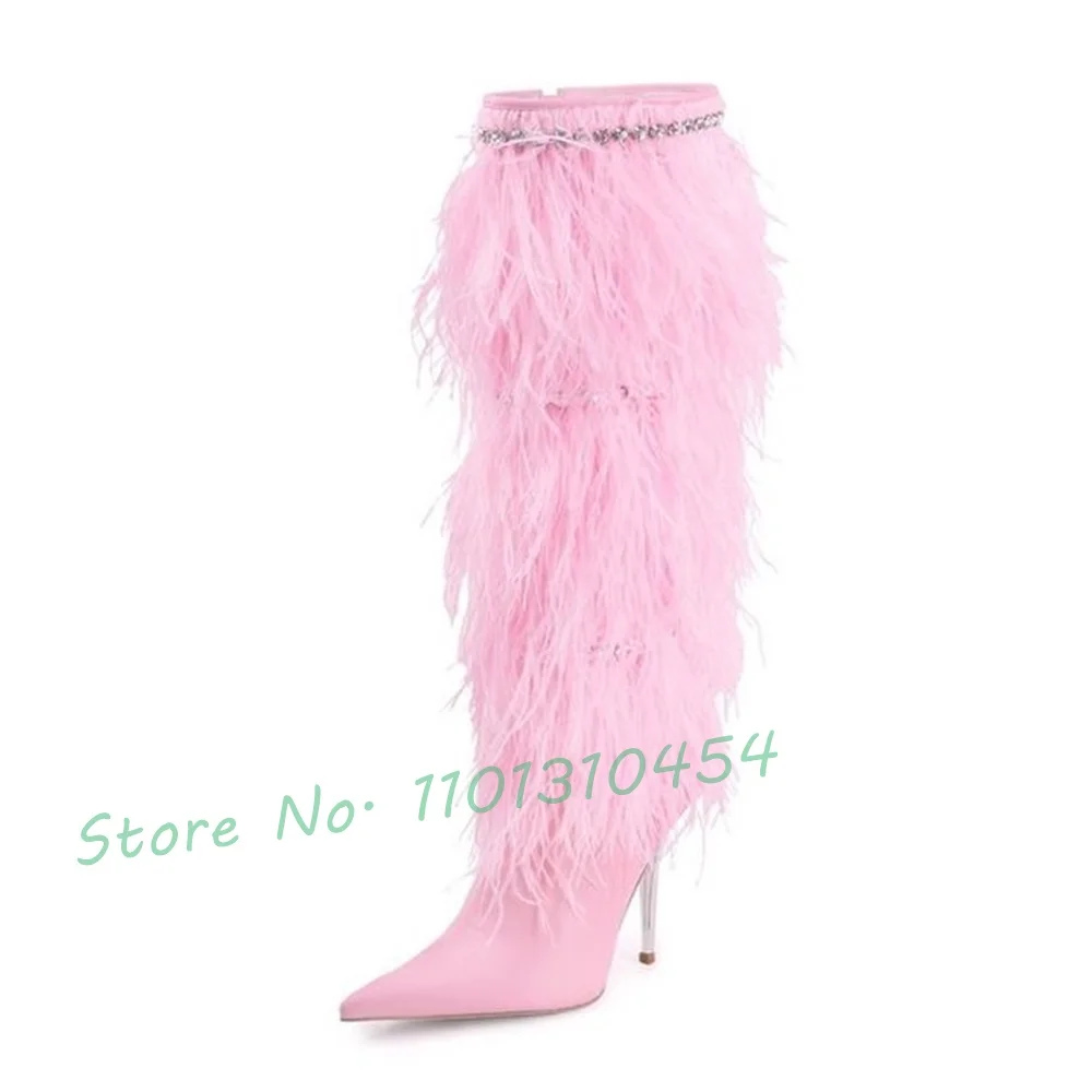 Knee-high Feather Heeled Boots With Jewel Chain Women New In Elegant Pink Long Boots Outfit Hot Winter Party Large Size Shoes