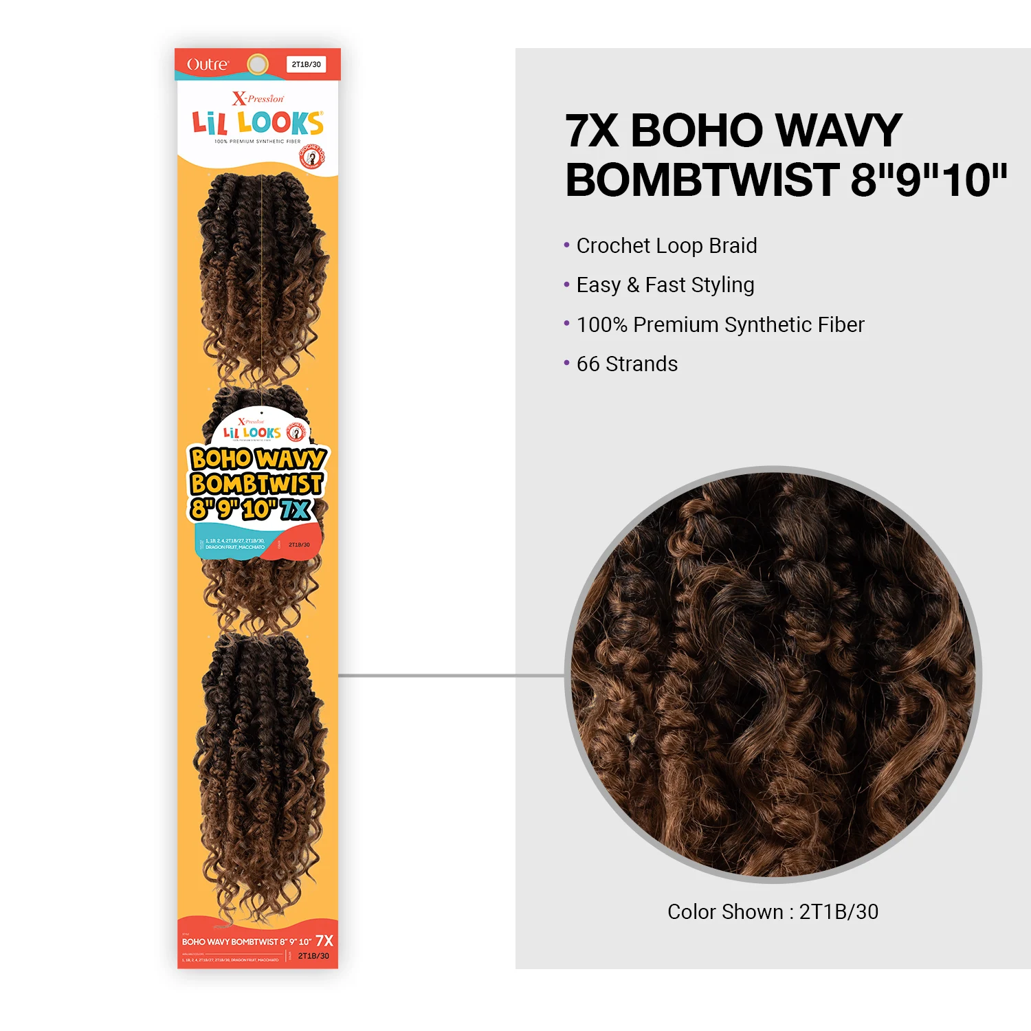 ผมถักโครเชต์สังเคราะห์ Outre รุ่น X-Pression Lil Looks Boho Wavy Bombtwist ขนาด 8, 9, 10 นิ้ว 7X