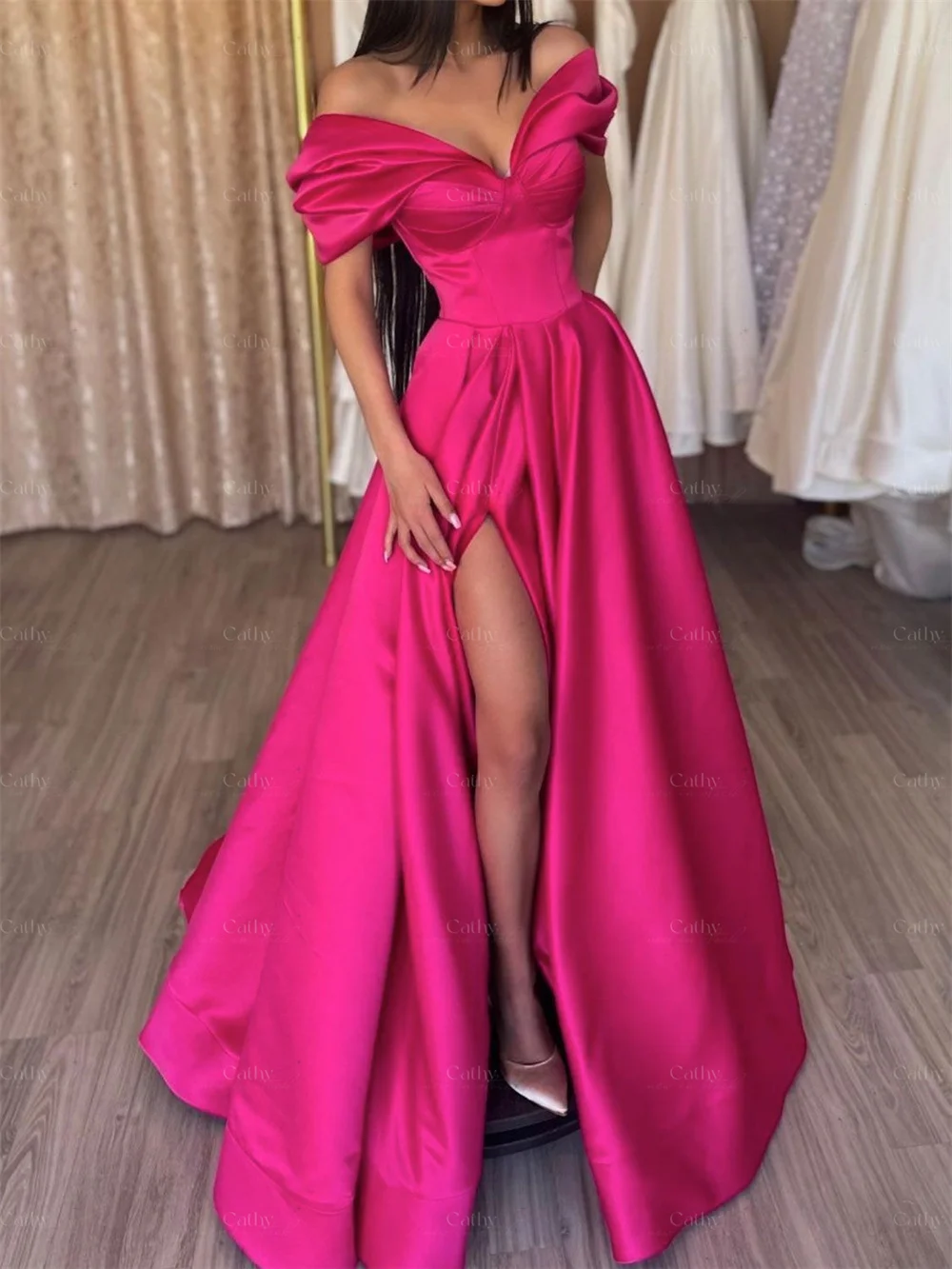 Cathy Elegant Red Satin Party Dress Long Prom Evening Dress Pleated High Side Slit Evening Dress Sexy Card Shoulder Sweetheart