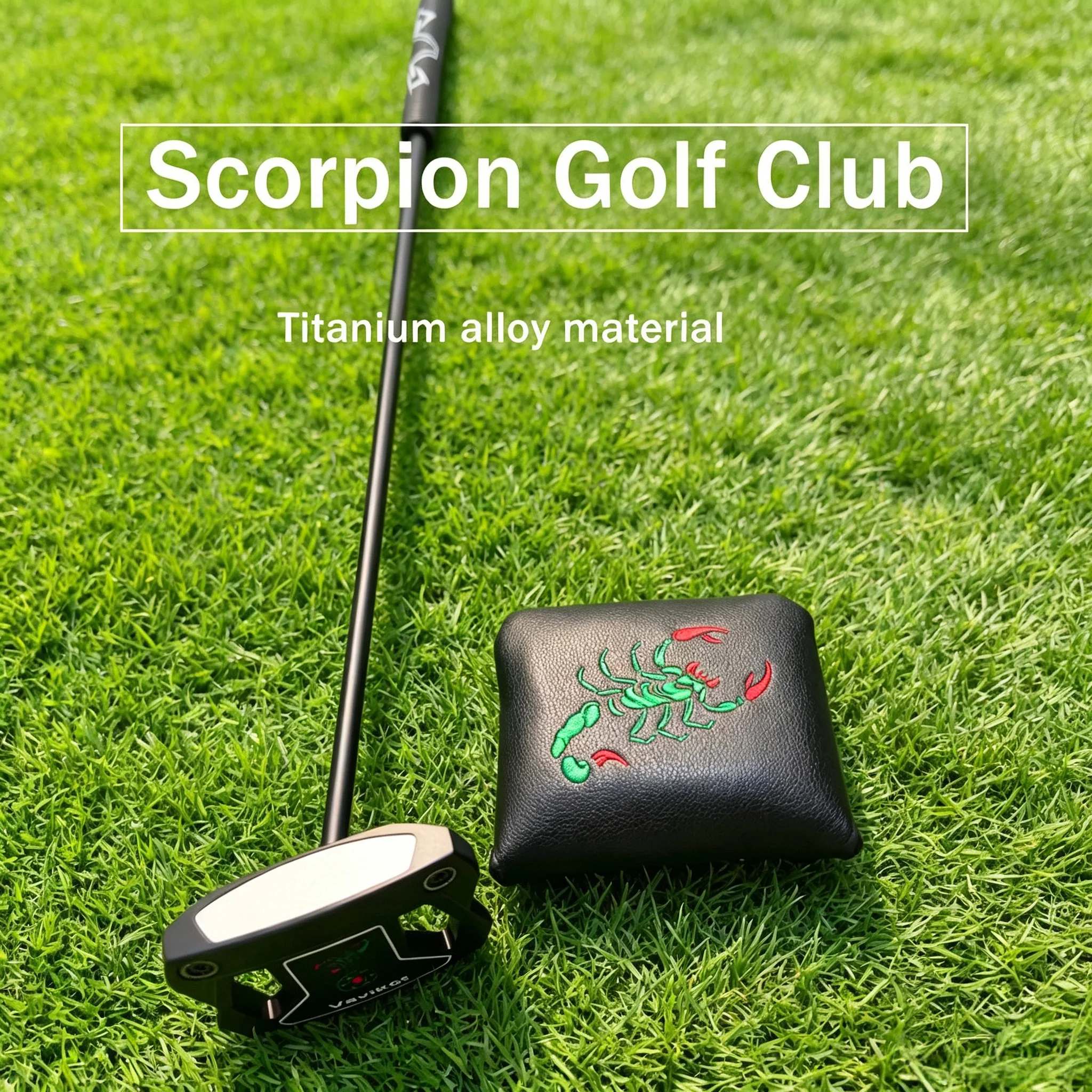 Stylish, high-quality scorpion-shaped golf fairway wood with a black carbon fiber shaft, rubber grip, and black head cover. A modern golf club for men that helps improve hitting distance