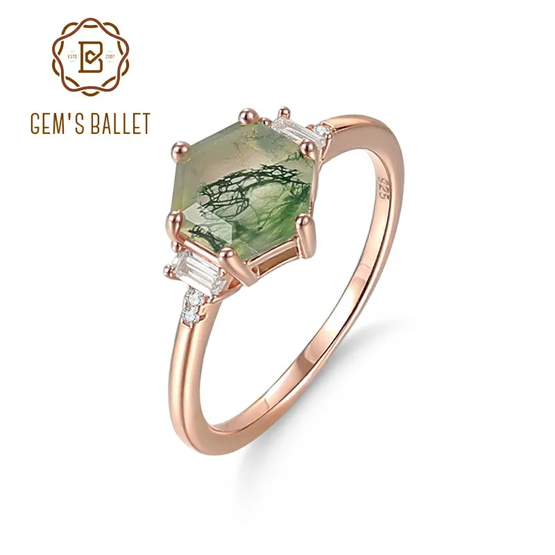 

GEM'S BALLET Hexagon 7mm 1.39CT Natural Moss Agate Birthstone Engagement Ring in 925 Sterling Silver Gift For Her