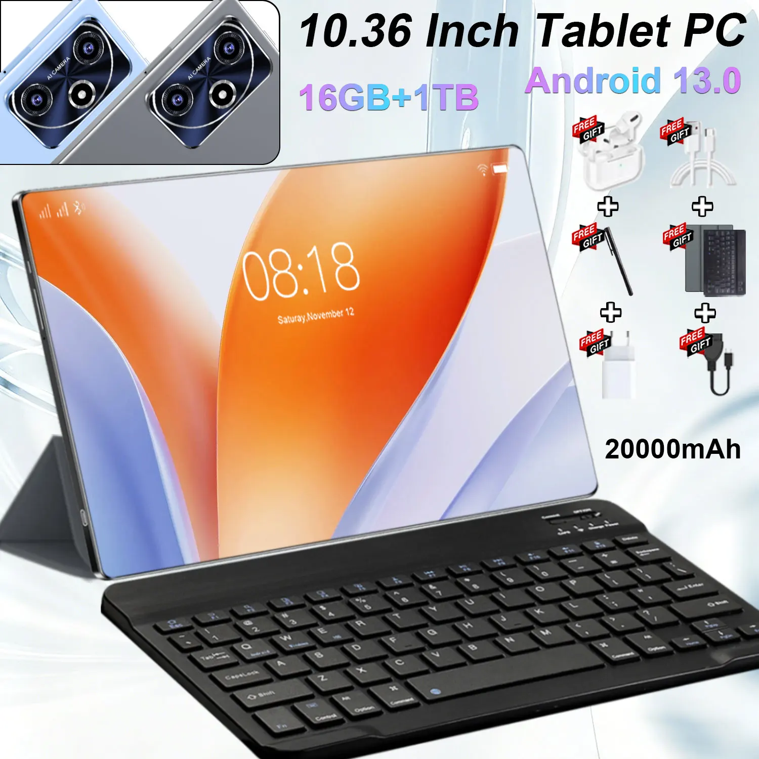 Tableta de 10.36 pulgadas, 16GB 1TB, Android 13, 20256 Global New, 14 núcleos, 4K HD, 5G WIFI, Bluetooth, WPS, 20000mAh.