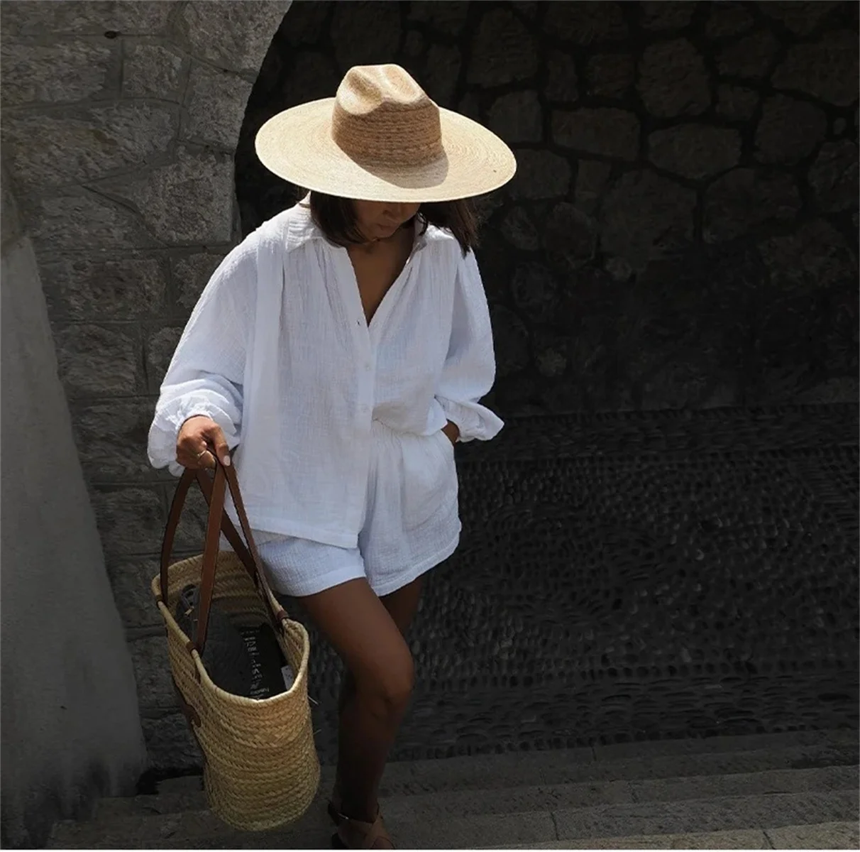 Lockeres Damen-Hemd-Set mit festem Knopf, lässig, langärmelig, elastische Taille, weites Bein, kurze Hosen, Anzug, 2022, Sommer, tägliches Pendler-Outfit