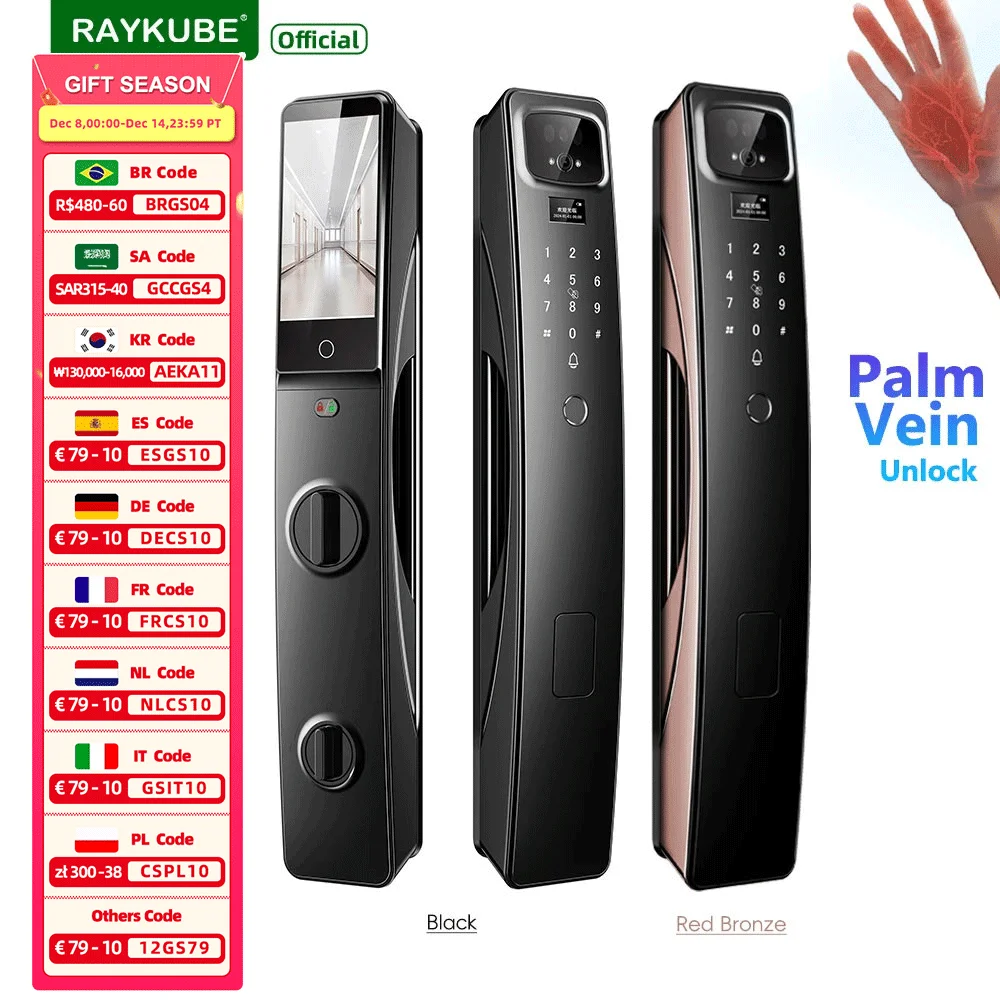 

RAYKUBE BN1 Tuya WiFi Camera Palm Vein Smart Lock Face Recognition Digital Fingerprint Lock With Video Call 2*Lithium Batteries