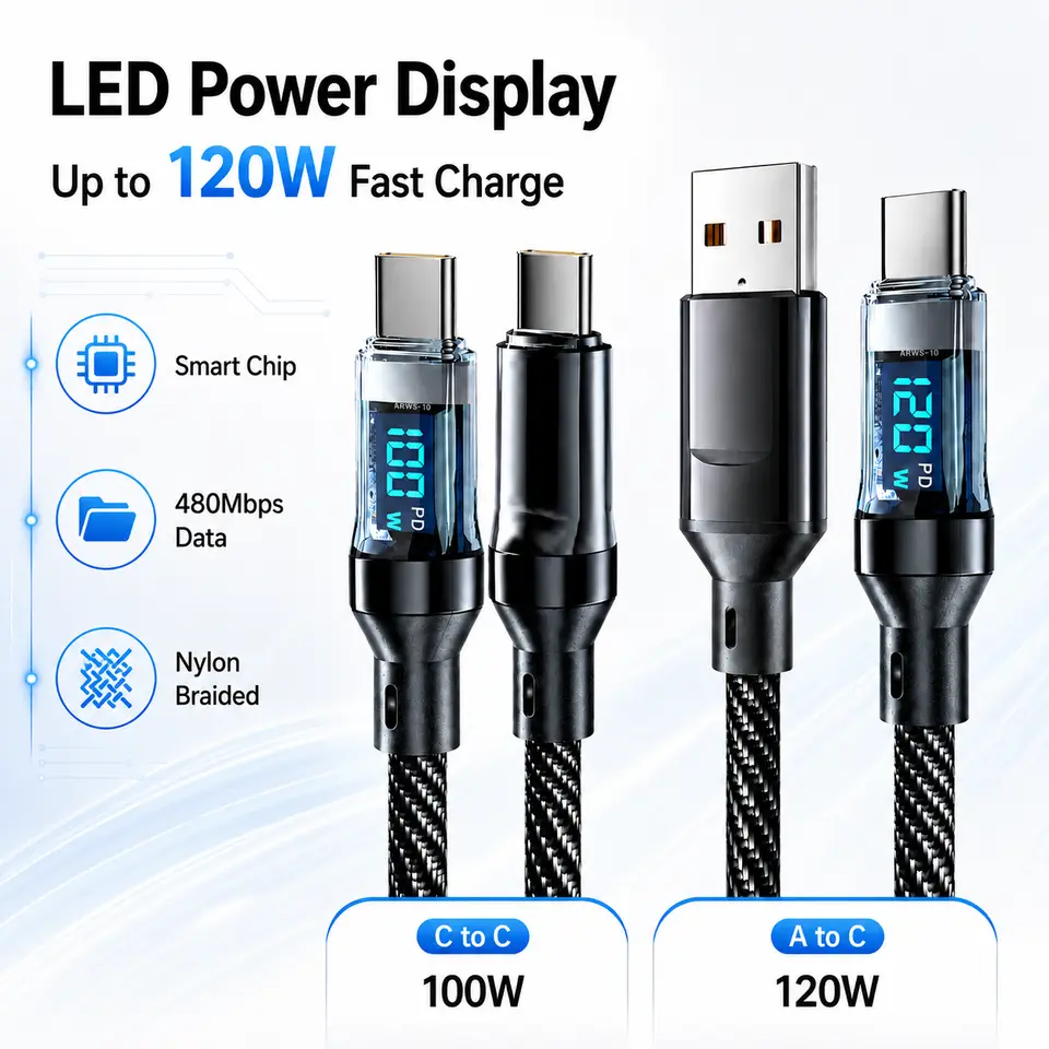 كابل شحن سريع من النوع C بقوة 120 واط مع عرض طاقة LED ونقل بيانات 480 ميجابت في الثانية، كابل شحن من النايلون المضفر من USB A إلى C