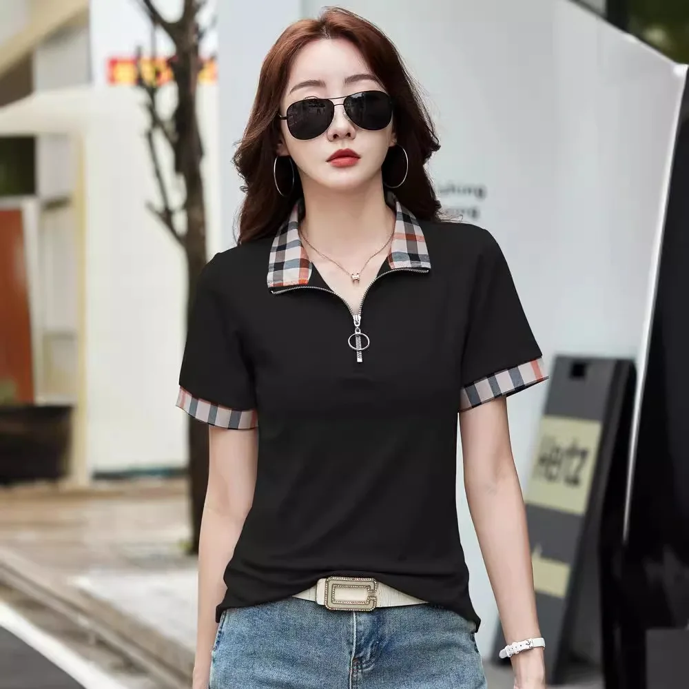 Zwart T-shirt met korte mouwen Dames Plaid Polo Hals Rits Katoen Slanke Kantoor Korte T-shirt Femme Zomer Wit Grijs Blauw