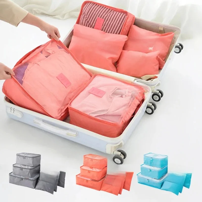 6 pièces/ensemble rose/bleu/gris sac de rangement de voyage grande capacité étanche bagages vêtements sous-vêtements sac de rangement sac avec fermeture éclair