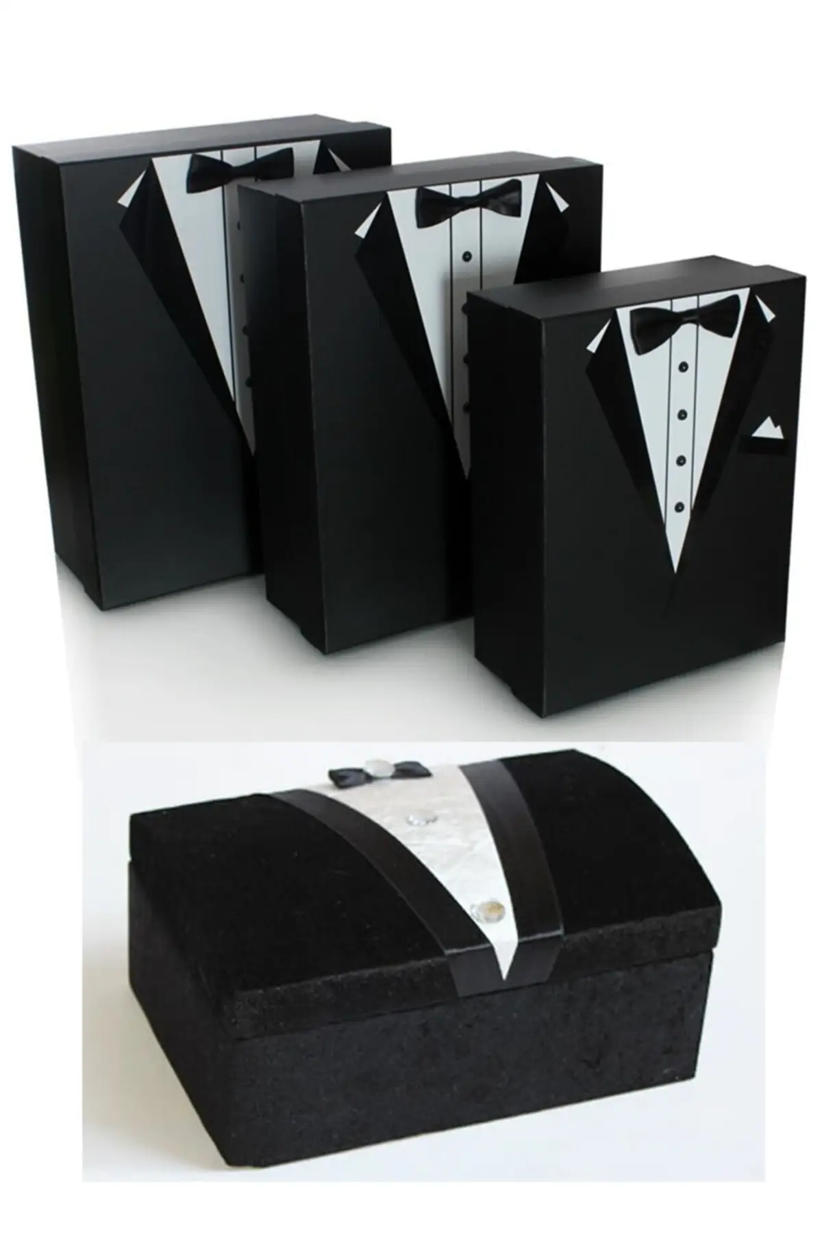 4 Pieces Kraft Gift Box Chest Groom Bundle Set Wedding Engagement Packaging Special Decoration Different Design Party Set Black