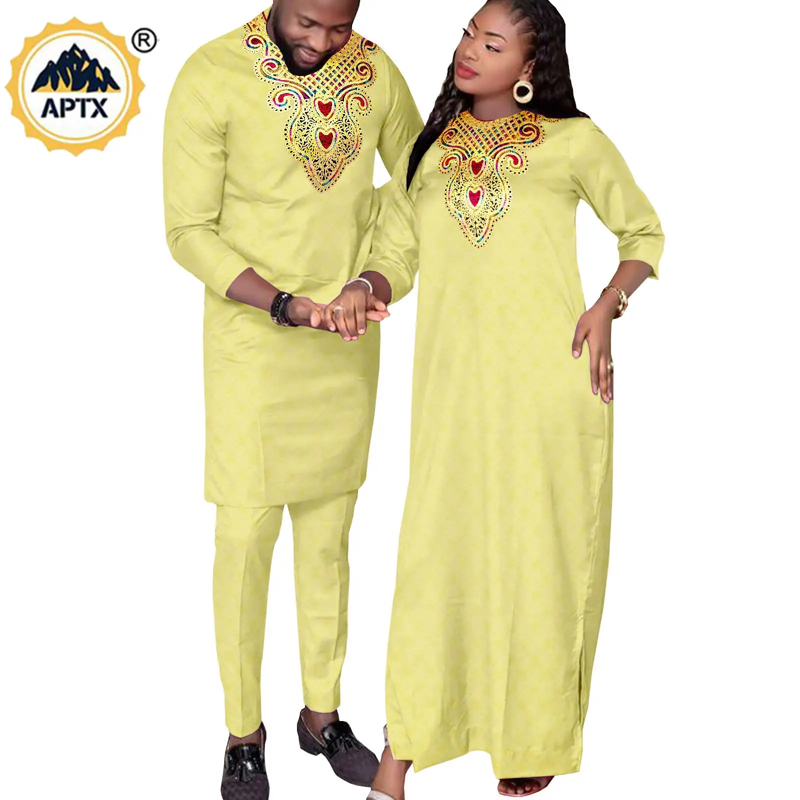 African Couples Clothes Kaftan Dresses for Women Matching Men Outfits Abaya Bazin Riche Muslim Pant Sets Wedding Outwear Y22C028