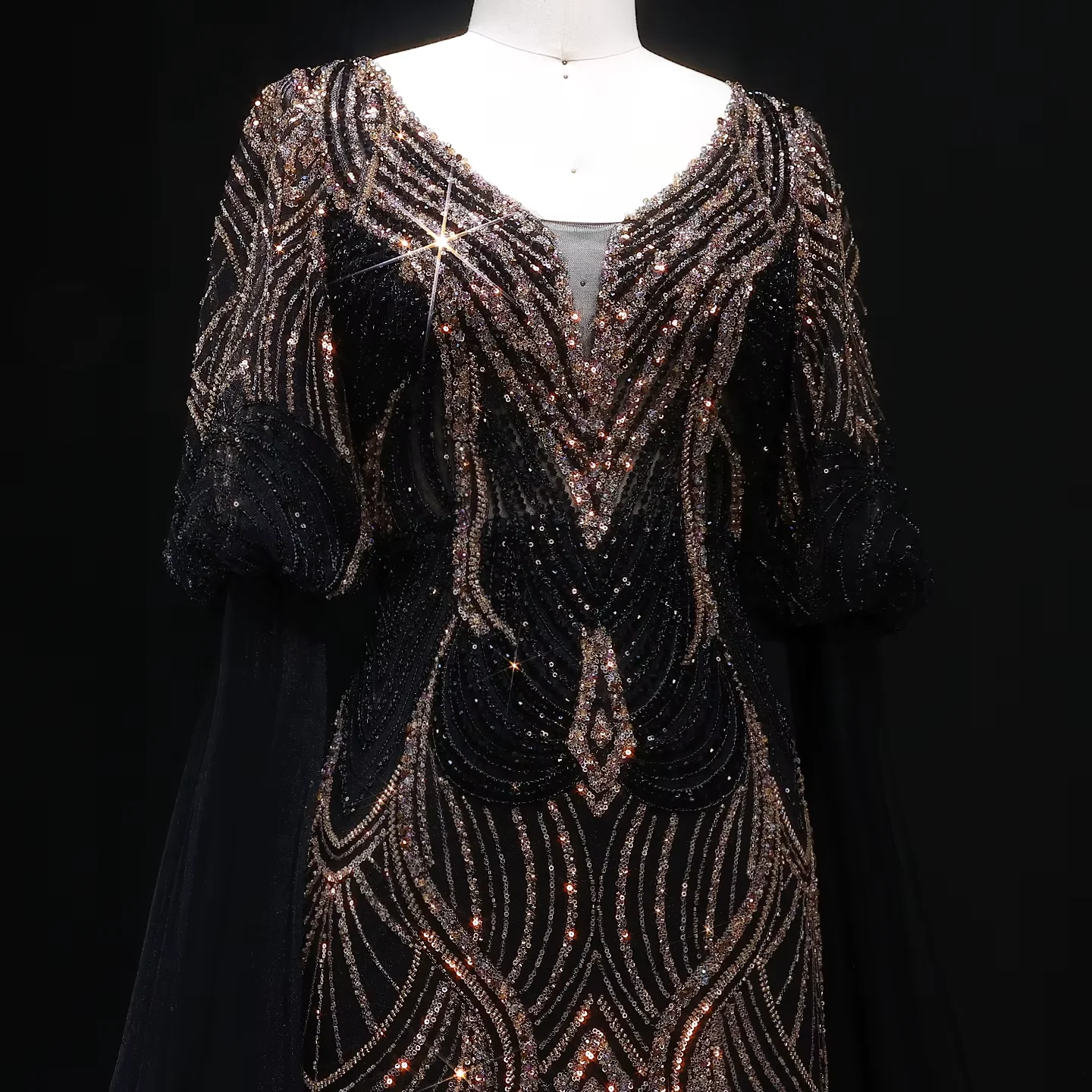 Sharon Said Elegante abito da sera in pizzo impreziosito nero con maniche fluide Abiti da festa di nozze blu oro SS038 personalizzati