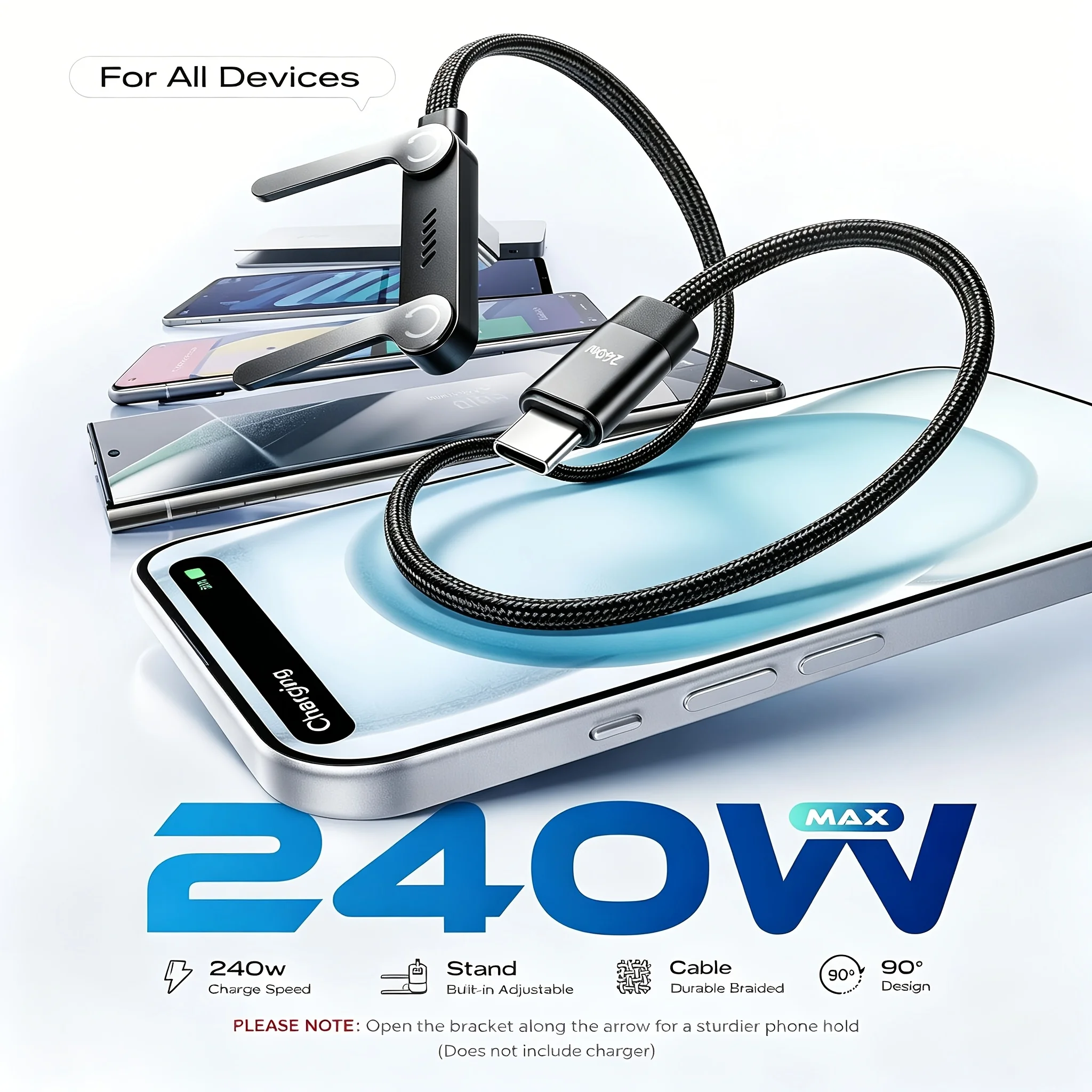 Invisible Stand Fast Charge Cable 240W TYPE-C to TYPE-C Black 4.9FT Braided Cable Built-in Stand 2 in 1 Phone Holder Cable for Suitable for Gaming Office and Travel