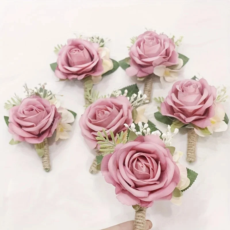 6-delige elegante Boheemse roos pols corsage en broche set - roze bloemenontwerp met witte en groene accenten, perfect voor bruiloften - afbeelding 2