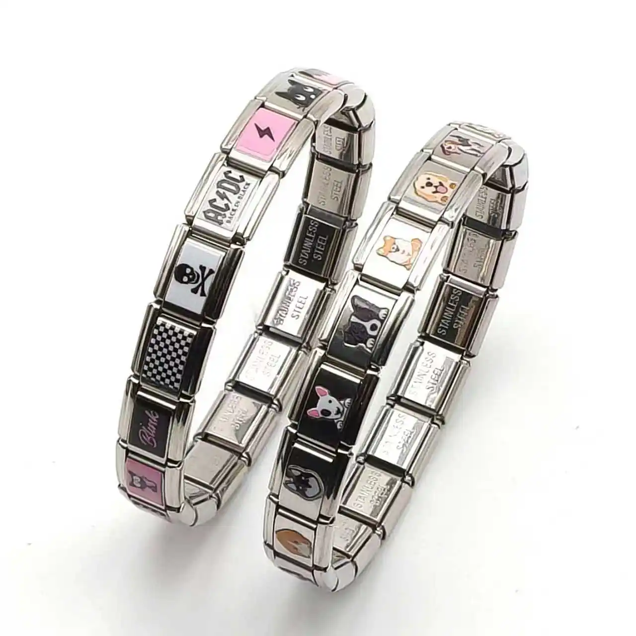 

Lateefah Stainless steel module elastic band detachable bracelet unisex small square printed pattern splicing bracelet