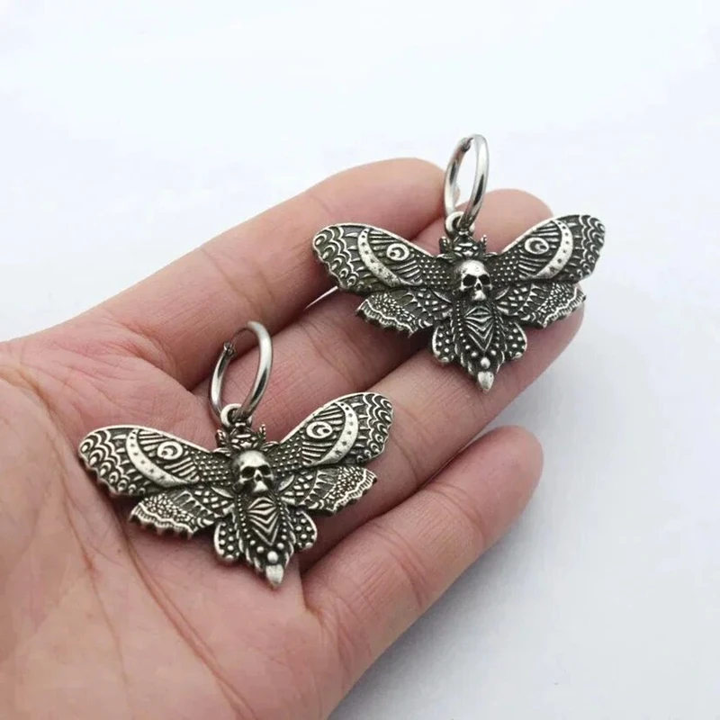 Gothic Vintage Moth Ear Hoops For Women Girls Fashion Pagan Witch Jewelry Accessories Gift Moon Moth Charm Pendant Earrings New