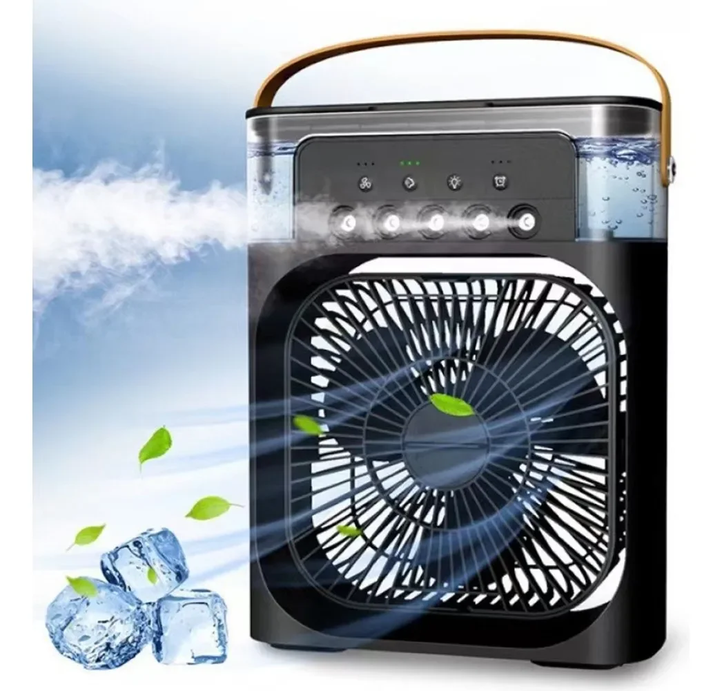 Enfriador de Aire Portátil 3 en 1, Mini Ventilador USB con Humidificador y 5 Boquillas de Pulverización. 3 Velocidades, 3 Modos de Pulverización, Temporizador y Luz Nocturna Multicolor,Flujo de Aire Ajustable.