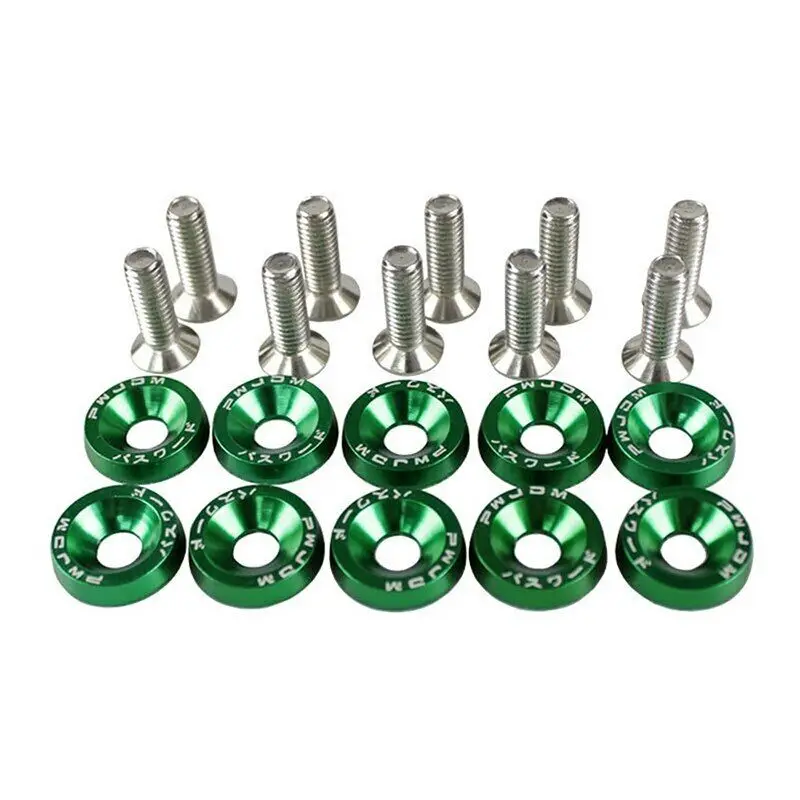 Universally 10pc Green Car Modified Hex Fasteners Fender Washer Bumper Engine Concave Screws Aluminum Fender Washers and Bolt