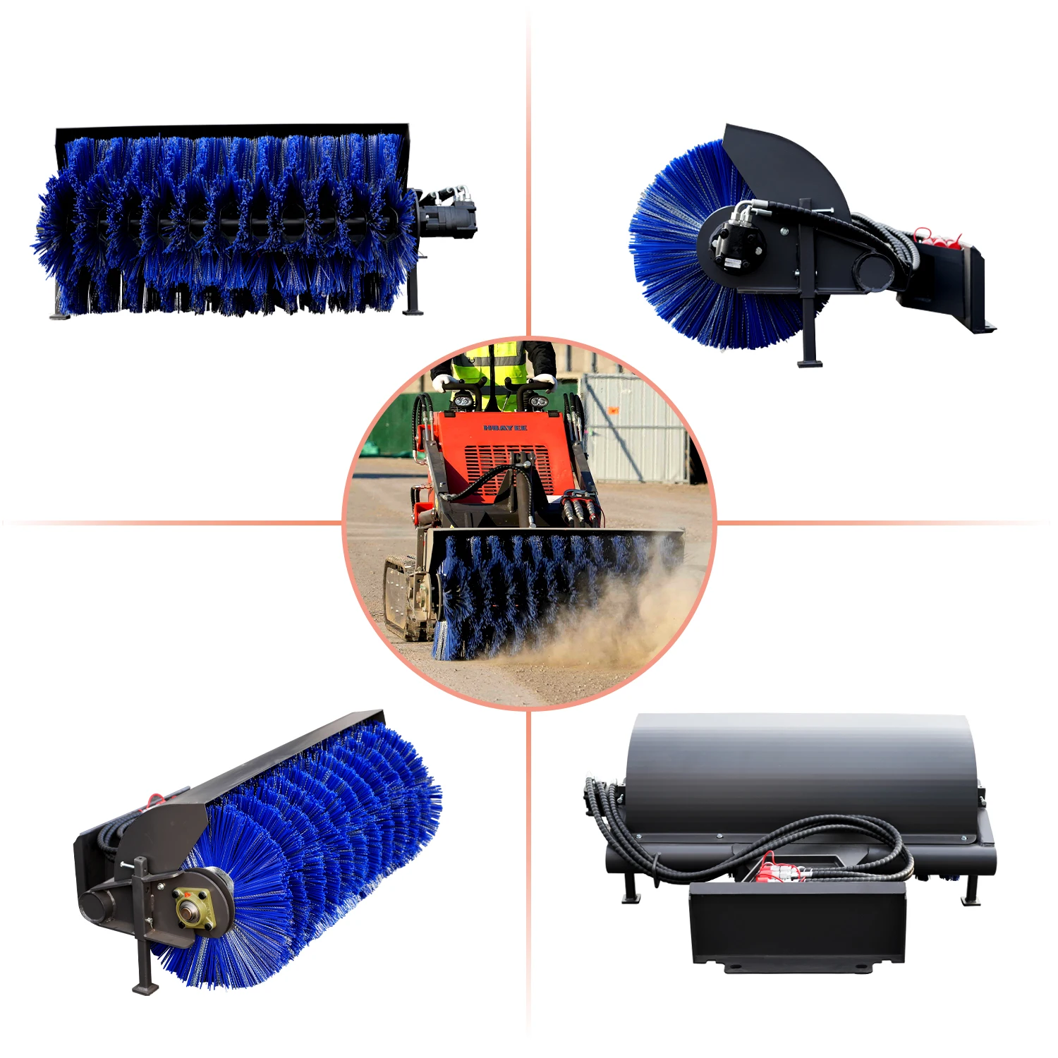 The skid steer loader attachment sweeper is suitable for cleaning large areas such as roads, construction sites and snowfields.