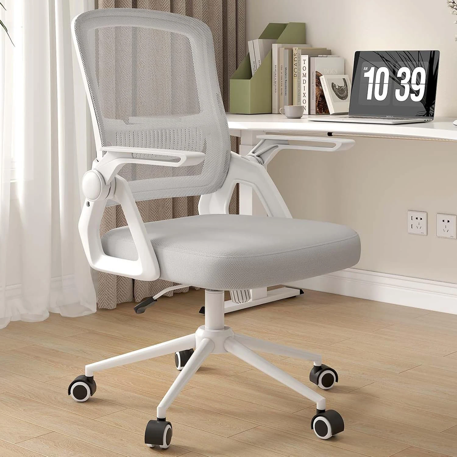 Chaise de bureau ergonomique en maille, bras rabattables, chaise de jeu avec coussin à dossier moyen, Support lombaire pour le travail à la maison et à la chambre à coucher