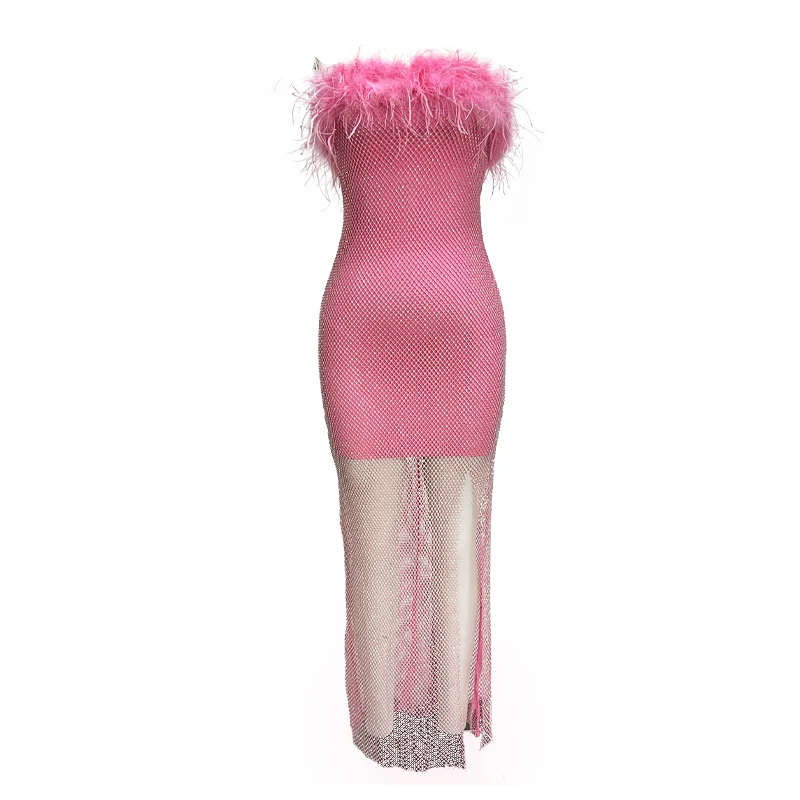 2024 High Quality Summer Pink Feather Diamond Leaky Shoulder Sexy Slimming Bandage Dress Elegant Banquet Dress Vintage