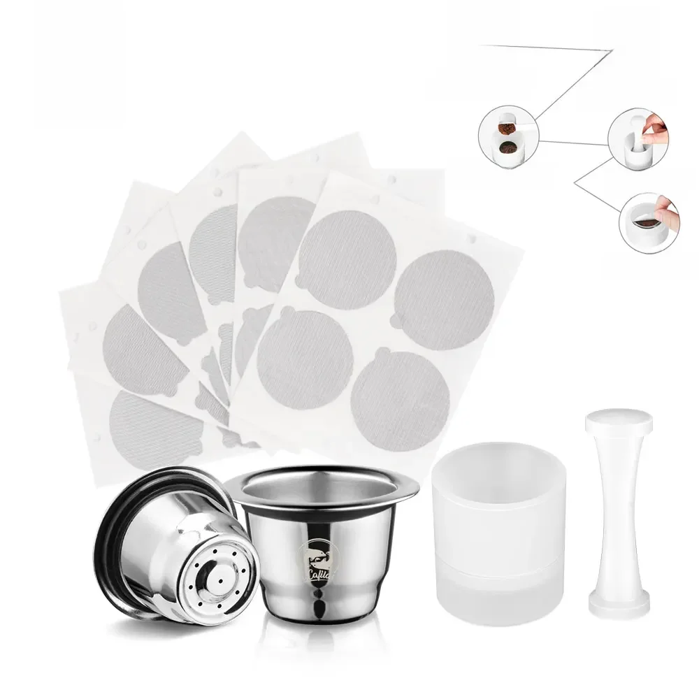 Icafilas-Capsules de café réutilisables, dosette en acier inoxydable, filtre à café expresso crème, couvercle en aluminium, doseur inviolable