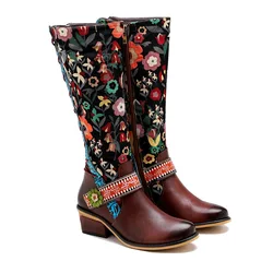 Socofy Raffan Genuine Leather Vintage Vintage Flower Ethnic Long Women's Long Boots