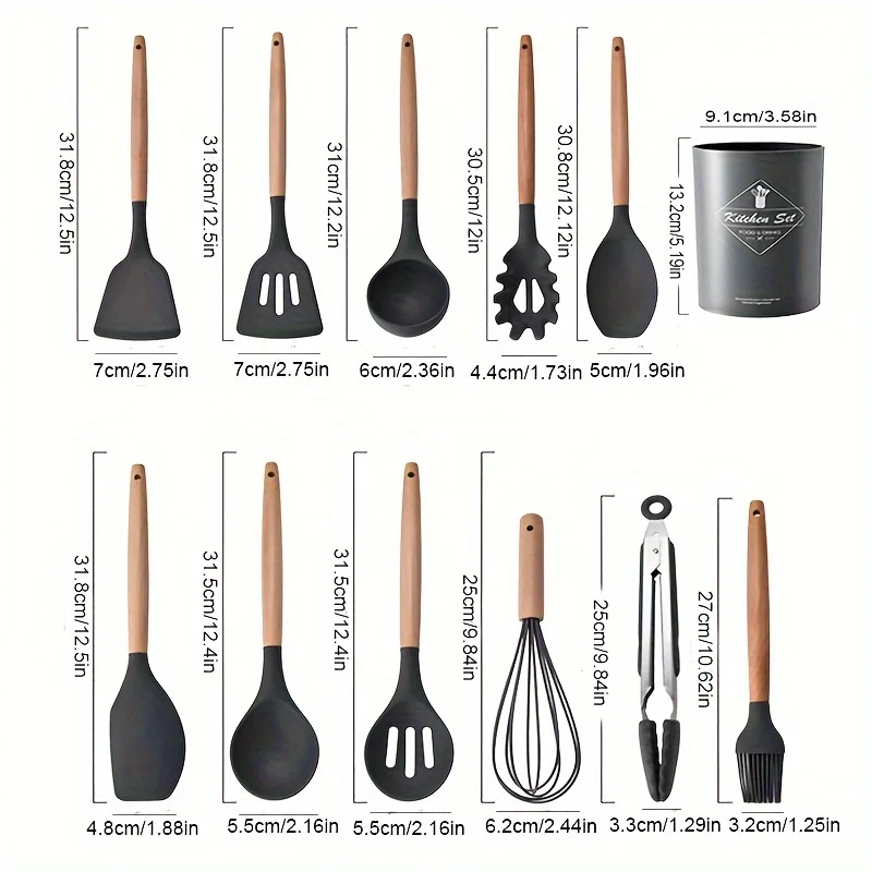 Kitchen Silicone Cooking Utensils, 12 Pc Kitchen Utensil Set, Wooden Kitchen Utensils, Kitchen Gadgets and Spatula Set