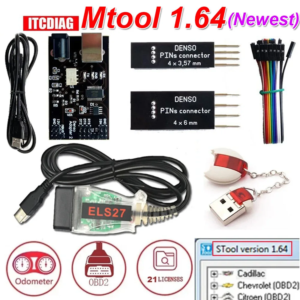 

Newest MTool V1.64 Full Set Mileage KM Adjustment Software Mileage Correction Tool Dongle +Denso Adapter + Denso Pin Wires Cable