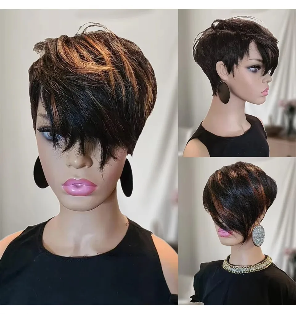 Pixie Cut Wig Human Hair with Bangs for Women 150% Density Brazilian Remy Hair Easy to Wear Short Human Hair Wig