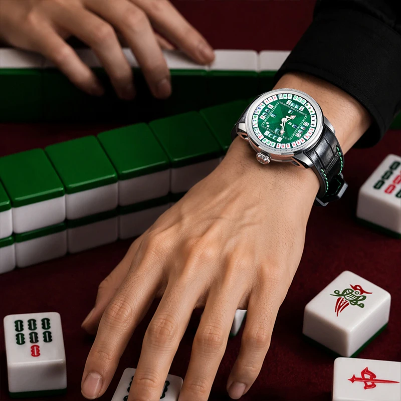 Lucky Harvey Luxury Automatic Mechanical Man Watch China Mahjong Game Funny Design Sapphire Party Mens Watches