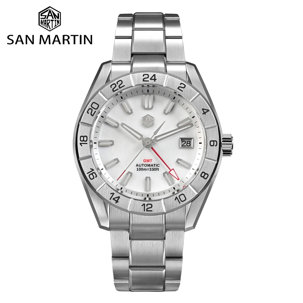 San Martin New 42mm Luxury Stainless Steel Watch NH34 GMT Automatic Mechanical Watches for Men MOP Dial Waterproof 10Bar SN0130