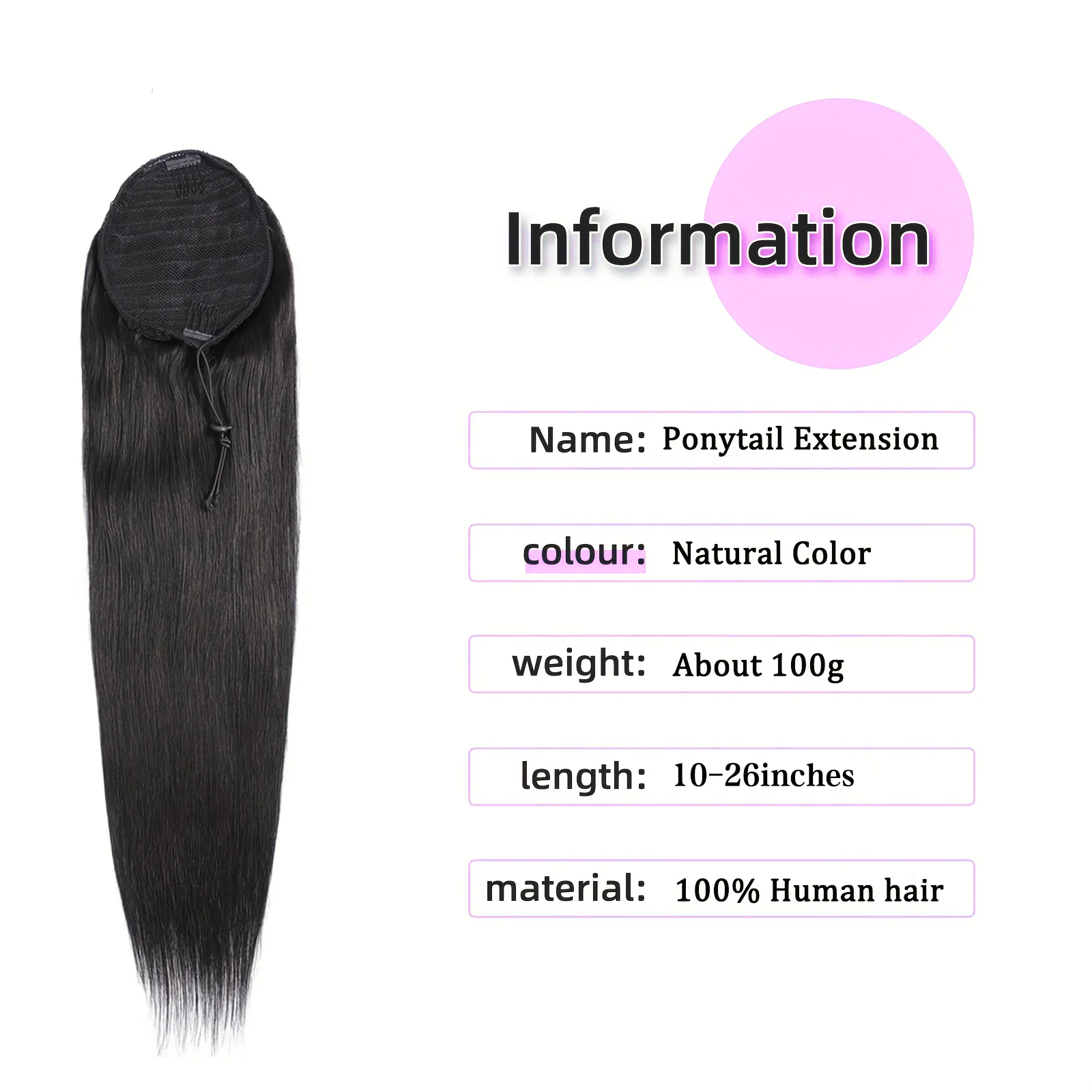 Longo Reta Drawstring Ponytail Extensões, Natural Hairpieces Preto, 100% Cabelo Humano, Envoltório Em Around Clip, 10-26 \