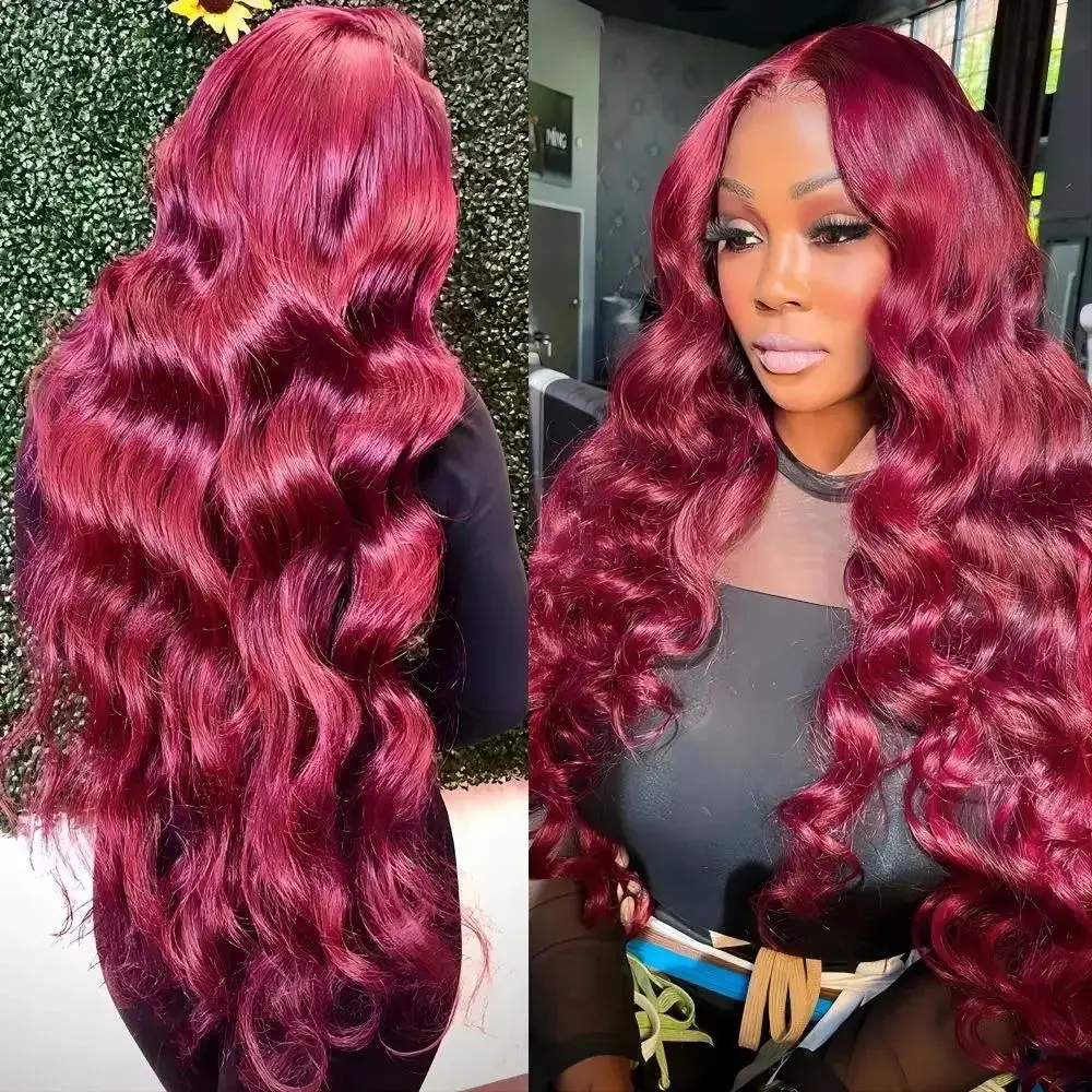 Perruque Lace Front Wig Body Wave brésilienne naturelle, cheveux humains colorés, bordeaux 99j, 13x6, 13x4, 30-36 pouces, pour femmes