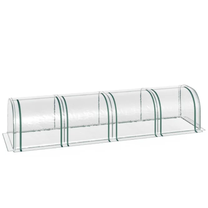 Draagbare 395x100x80cm transparante tunnelkas met stevig stalen frame en 4 ritsramen voor tuinplanten.