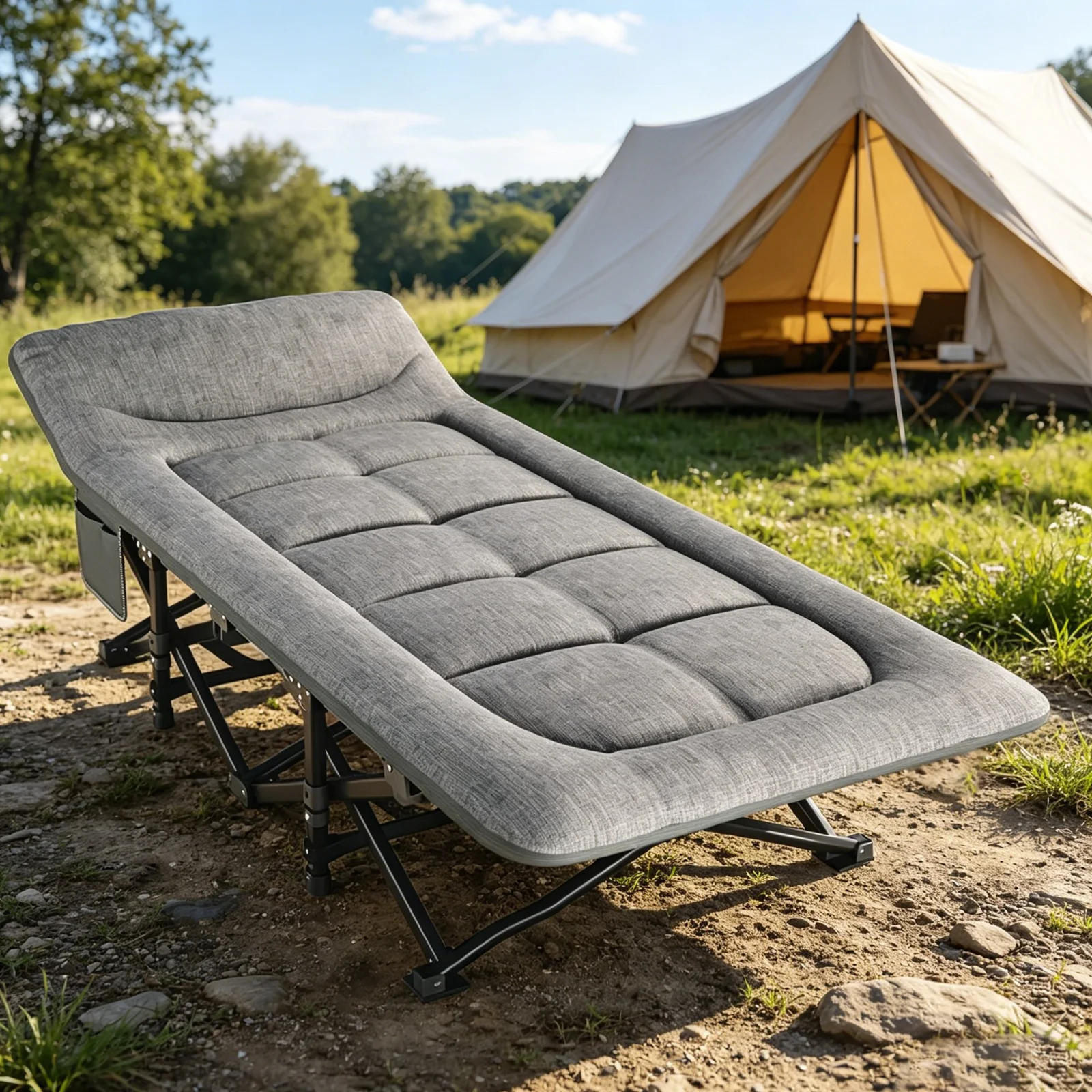 Lit de camping pliable d'extérieur, lit de sieste individuel de jardin avec oreiller et sac de rangement, lit de camp portable pour bureau, camping, patio, piscines