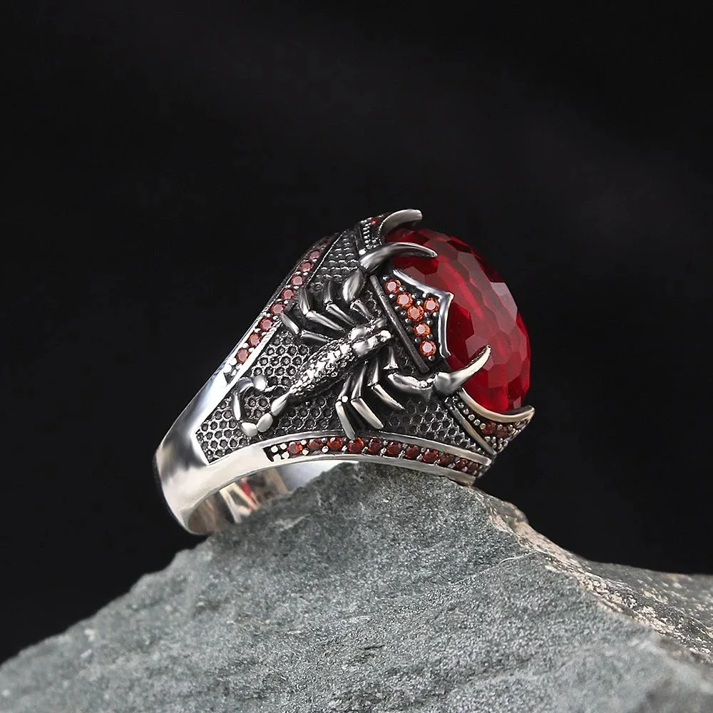 

Handmade 925 Sterling Silver Inlaid Red Men's Ring Eagle Retro Domineering Personality Ring For Men Banquet Party Jewelry