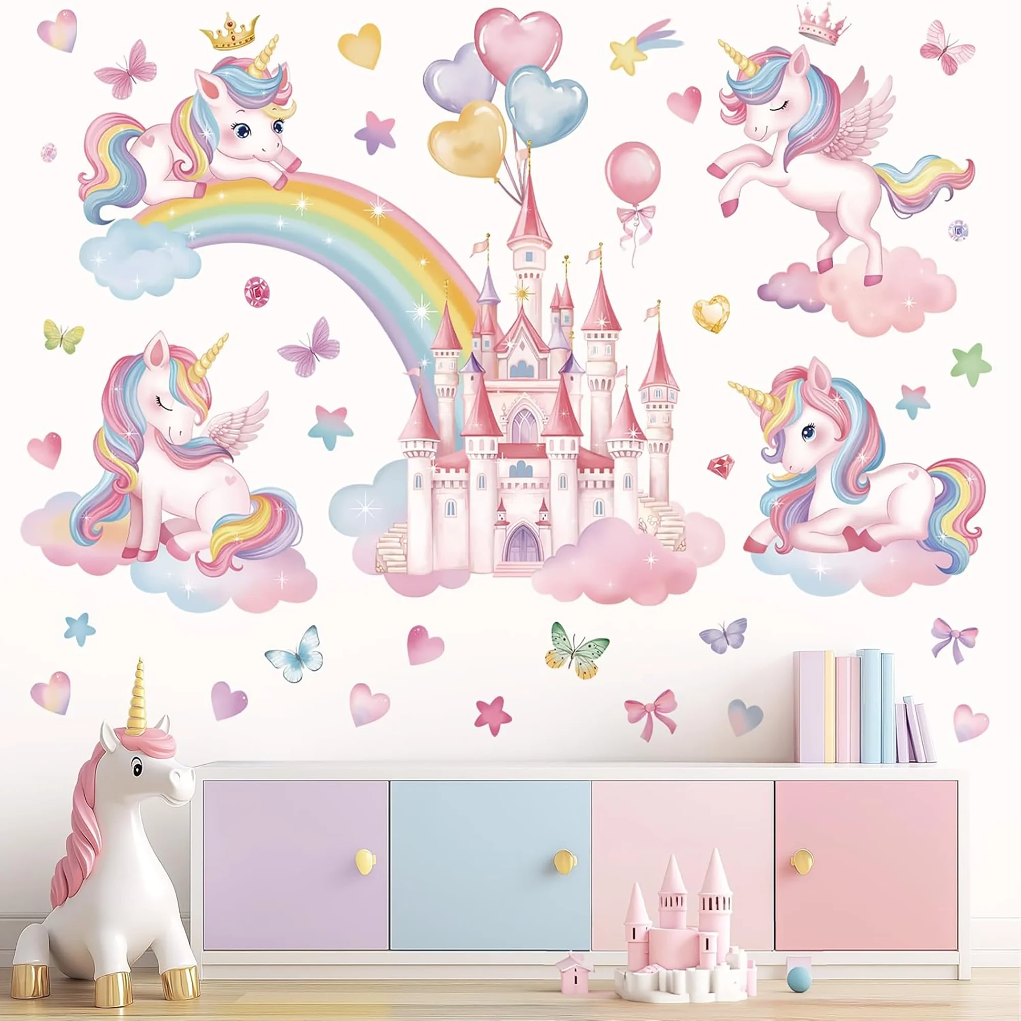 Unicorn Castle Wall Sticker for Kids Room, Rainbow Nursery Wall Decal, Magical Fairy Tale Bedroom Decor, Removable