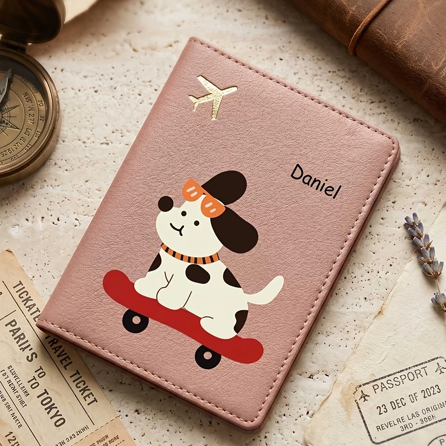 Personalized Passport Holder with Protective Cover - Custom Name/Text, Cute Cartoon Puppy Animal Pattern Design