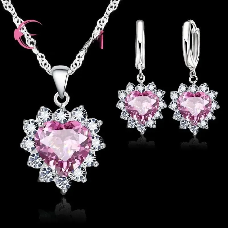 Miłość wisiorek w kształcie serca z kryształami 925 Sterling Silver Party Jewelry Sets naszyjnik kolczyki dla kobiet prezenty walentynkowe — zdjęcie 2