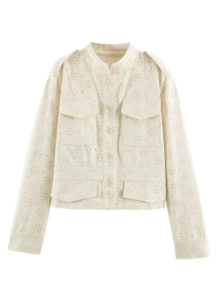 HH Women Spring Fall Embroidery Cropped Jacket Stand Collar Multi‑Pocket Utility Cargo Outerwear For Vacation Daily Street