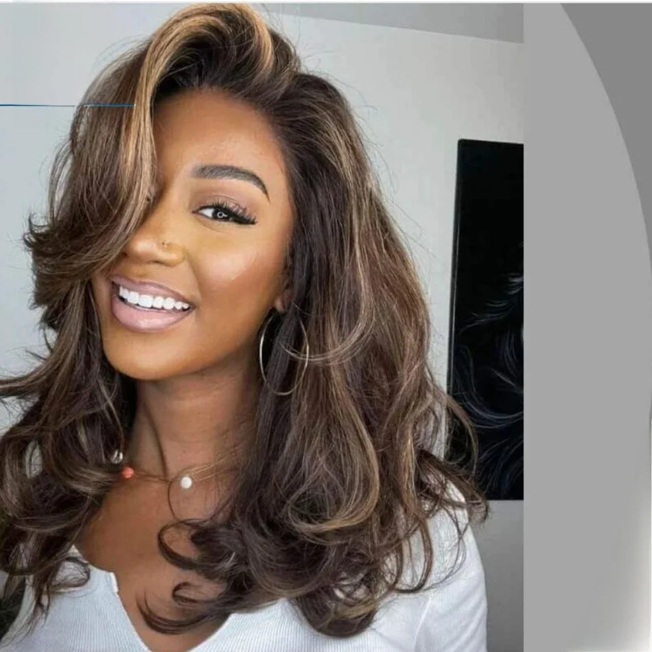 Amethist Gelaagde Golvende Highlights 13X6 Lace Front Pruik 100% Menselijk Haar Braziliaans #2 Bruin Met Blonde Gekleurde Pruik Remy Pretokkelde - afbeelding 2