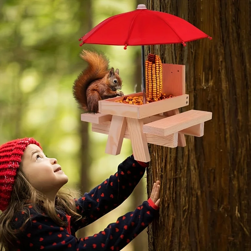 Wood Squirrel Feeder Table with Umbrella, Hanging Squirrel Feeders for Outside Winter Wild Bird Seed Bird Feeders Cute